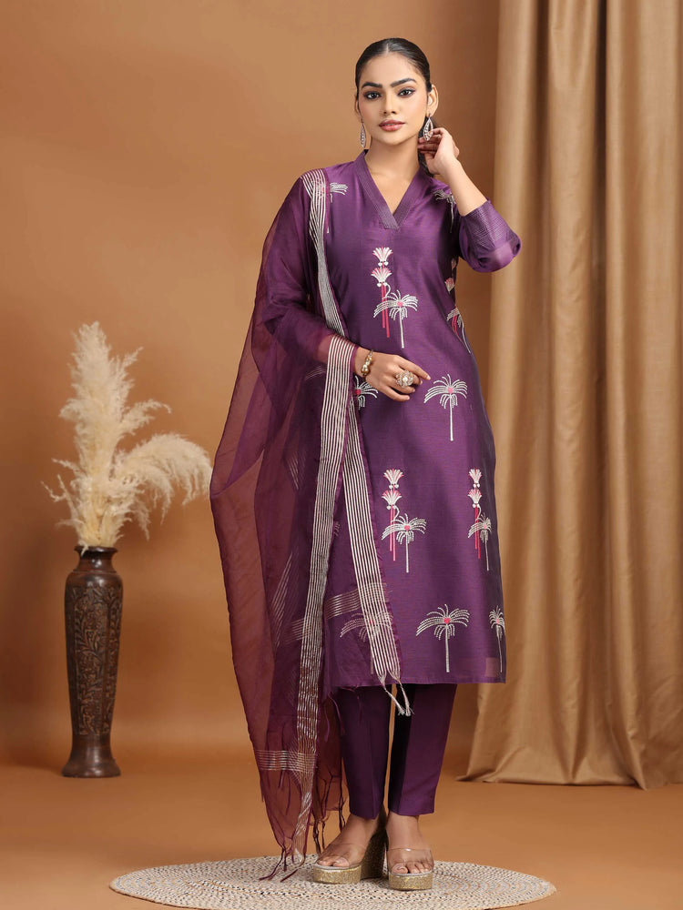 Purple Floral Embroidered Straight Ethnic Set