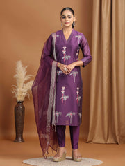 Purple Floral Embroidered Straight Ethnic Set