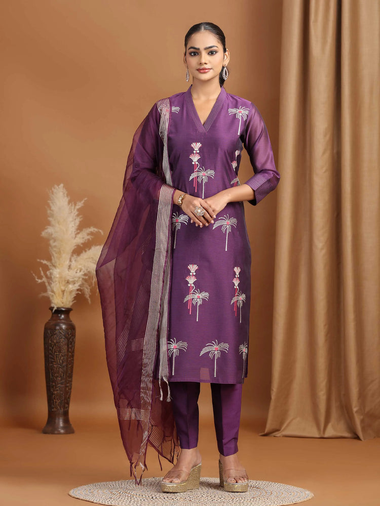 Purple Floral Embroidered Straight Ethnic Set