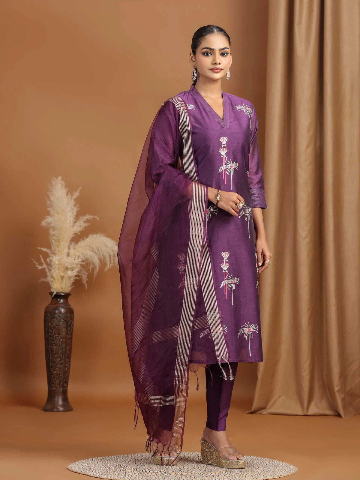 Purple Floral Embroidered Straight Ethnic Set