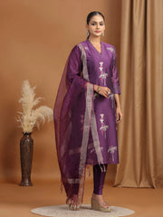 Purple Floral Embroidered Straight Ethnic Set
