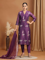 Purple Floral Embroidered Straight Ethnic Set