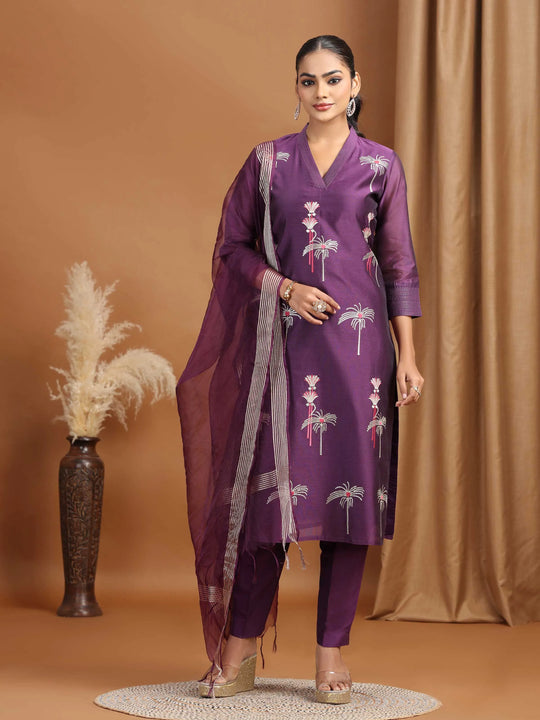 Purple Floral Embroidered Straight Ethnic Set