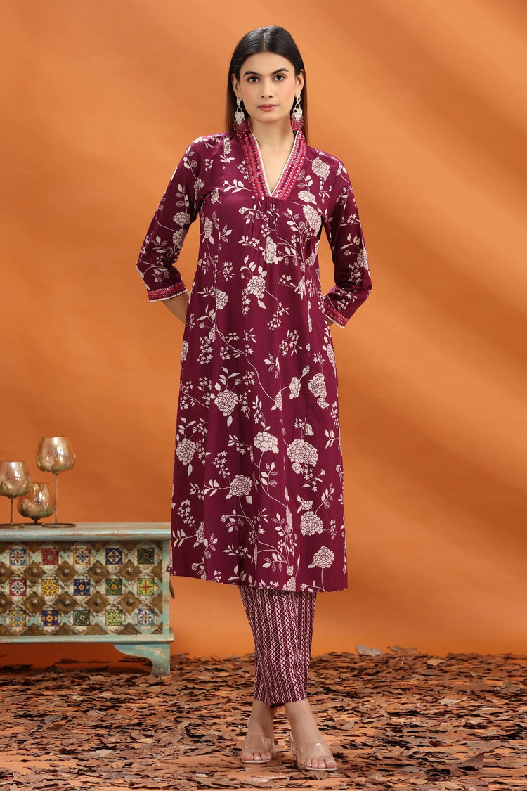 Purple Flex Cotton Floral Printed Straight Kurta and Pant Set