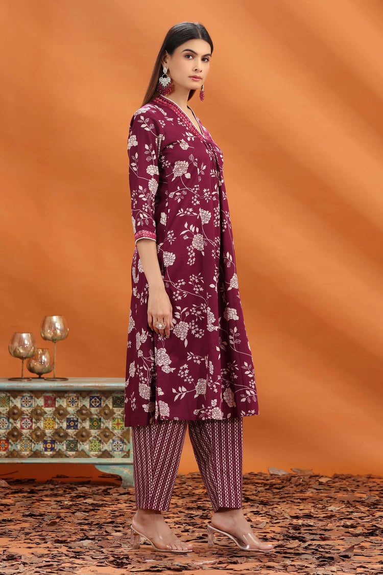 Purple Flex Cotton Floral Printed Straight Kurta and Pant Set