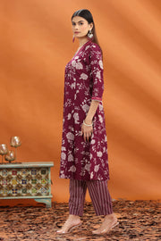 Purple Flex Cotton Floral Printed Straight Kurta and Pant Set