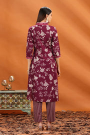 Purple Flex Cotton Floral Printed Straight Kurta and Pant Set