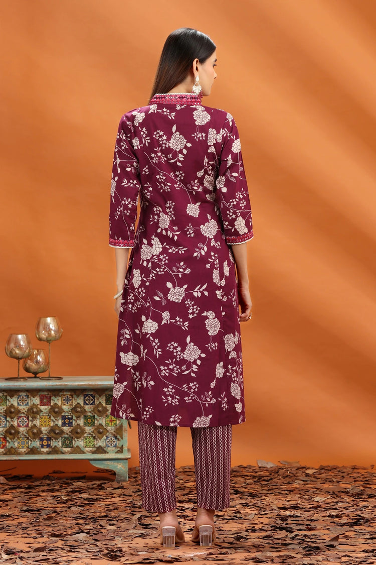 Purple Flex Cotton Floral Printed Straight Kurta and Pant Set