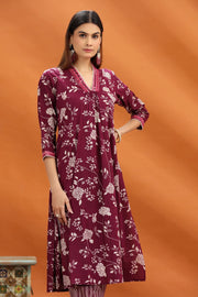 Purple Flex Cotton Floral Printed Straight Kurta and Pant Set