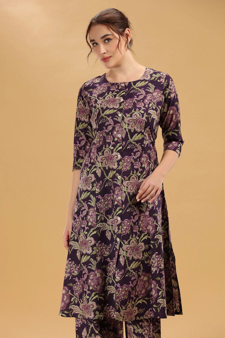 Purple Jaipuri Cotton Floral Printed A Line Kurta Pant Co ord Set