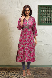 Purple Jaipuri Cotton A Line Printed Kurta