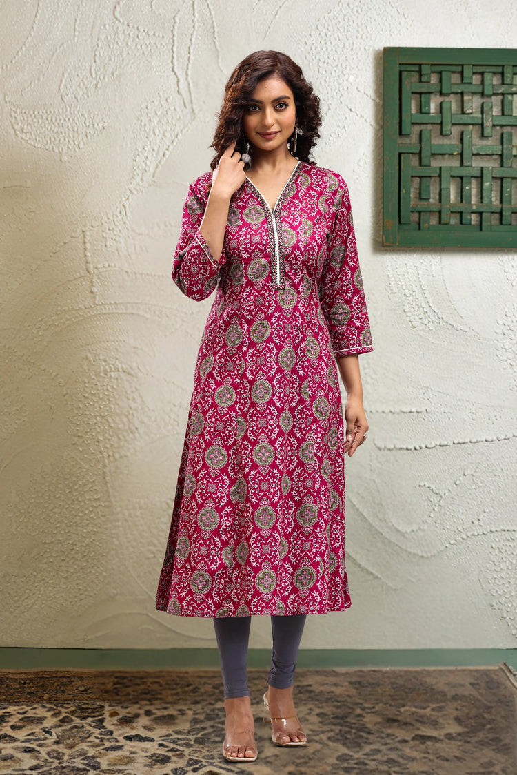 Purple Jaipuri Cotton A Line Printed Kurta