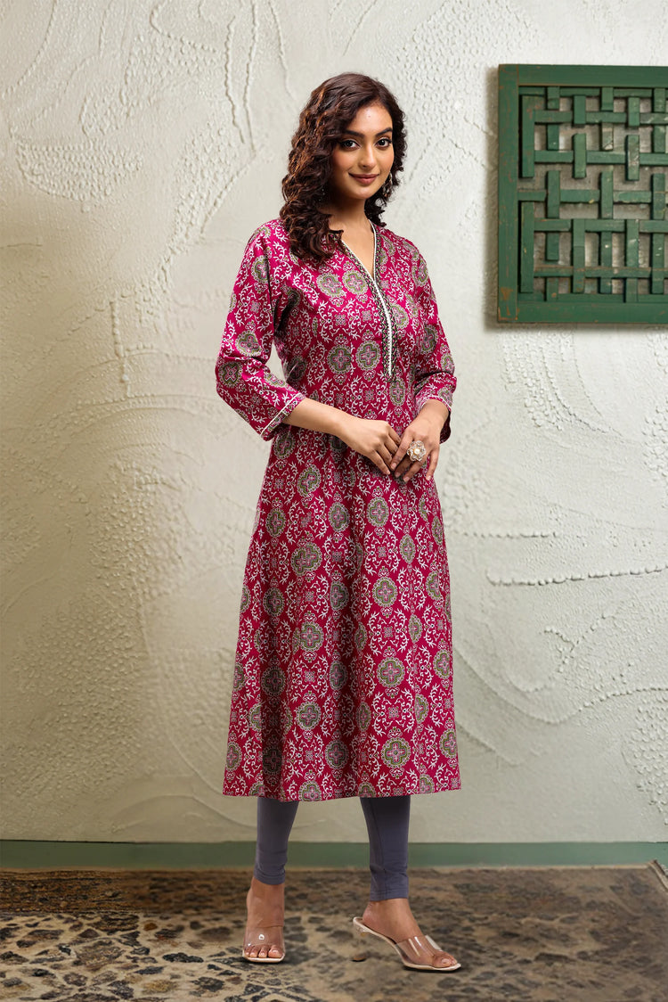 Purple Jaipuri Cotton A Line Printed Kurta