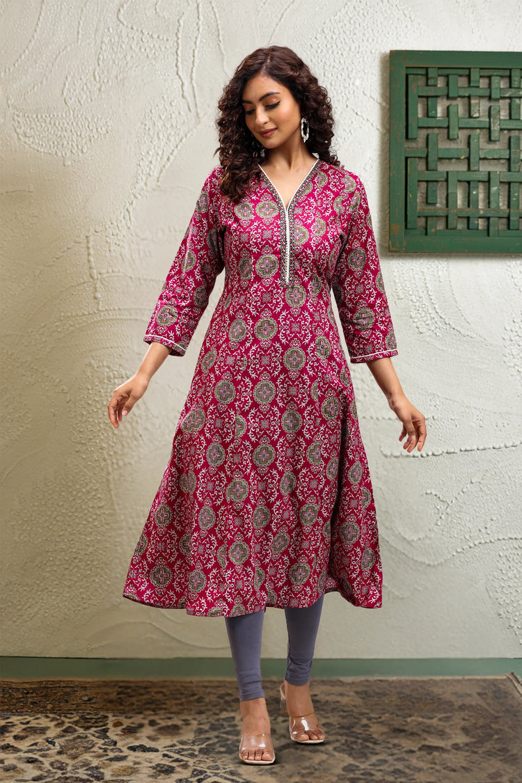 Purple Jaipuri Cotton A Line Printed Kurta