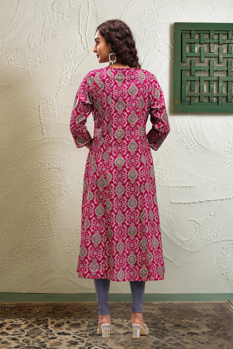 Purple Jaipuri Cotton A Line Printed Kurta