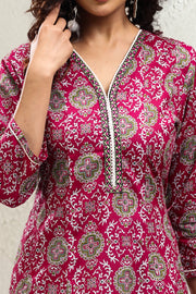Purple Jaipuri Cotton A Line Printed Kurta