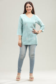 Pista Green Slub Rayon Straight Embroidered Short Kurta