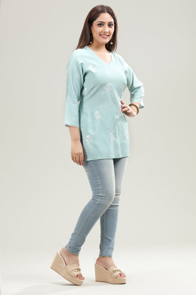 Pista Green Slub Rayon Straight Embroidered Short Kurta