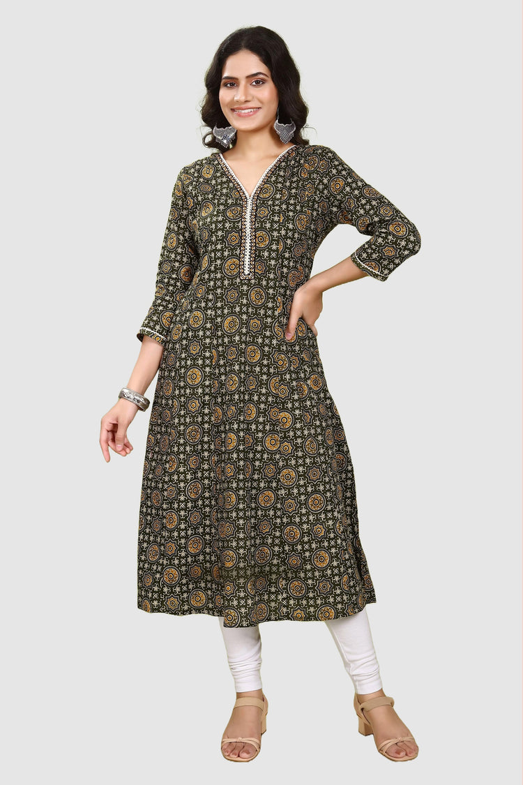 Olive Green Jaipuri Cotton A Line Printed Kurta for women / girls