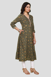 Olive Green Jaipuri Cotton A Line Printed Kurta for women / girls