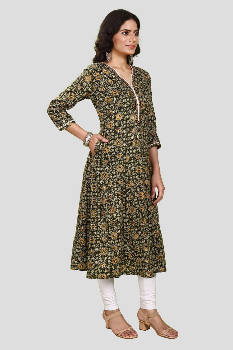 Olive Green Jaipuri Cotton A Line Printed Kurta for women / girls