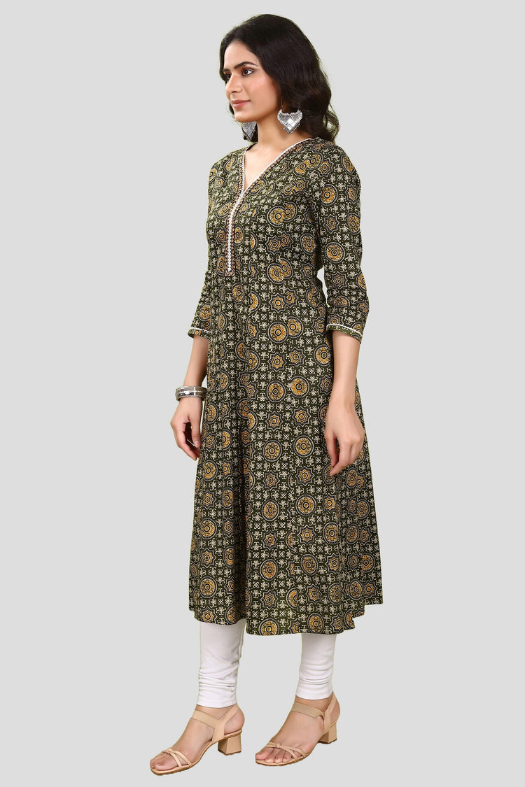 Olive Green Jaipuri Cotton A Line Printed Kurta for women / girls