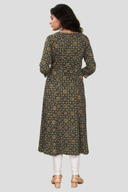 Olive Green Jaipuri Cotton A Line Printed Kurta for women / girls