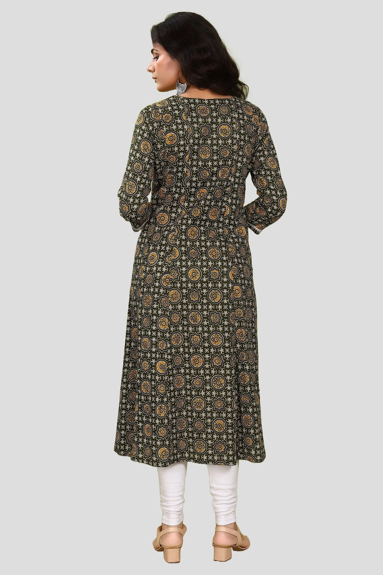Olive Green Jaipuri Cotton A Line Printed Kurta for women / girls