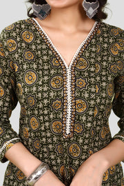 Olive Green Jaipuri Cotton A Line Printed Kurta for women / girls