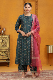 Bottle Green Polina Silk A Line Embroidered Kurta Pants and Dupatta Set