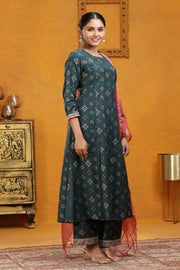 Bottle Green Polina Silk A Line Embroidered Kurta Pants and Dupatta Set