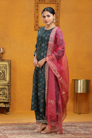 Bottle Green Polina Silk A Line Embroidered Kurta Pants and Dupatta Set