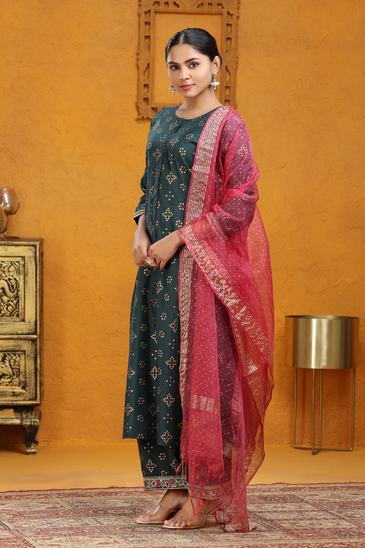 Bottle Green Polina Silk A Line Embroidered Kurta Pants and Dupatta Set