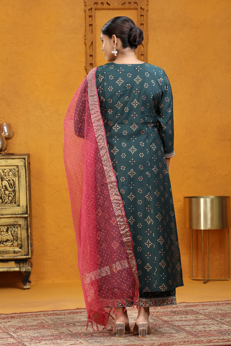 Bottle Green Polina Silk A Line Embroidered Kurta Pants and Dupatta Set