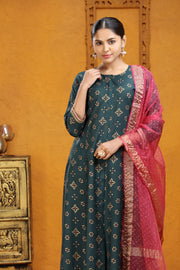 Bottle Green Polina Silk A Line Embroidered Kurta Pants and Dupatta Set