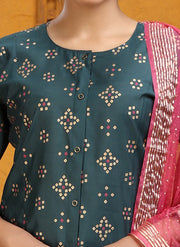 Bottle Green Polina Silk A Line Embroidered Kurta Pants and Dupatta Set