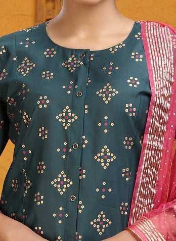 Bottle Green Polina Silk A Line Embroidered Kurta Pants and Dupatta Set