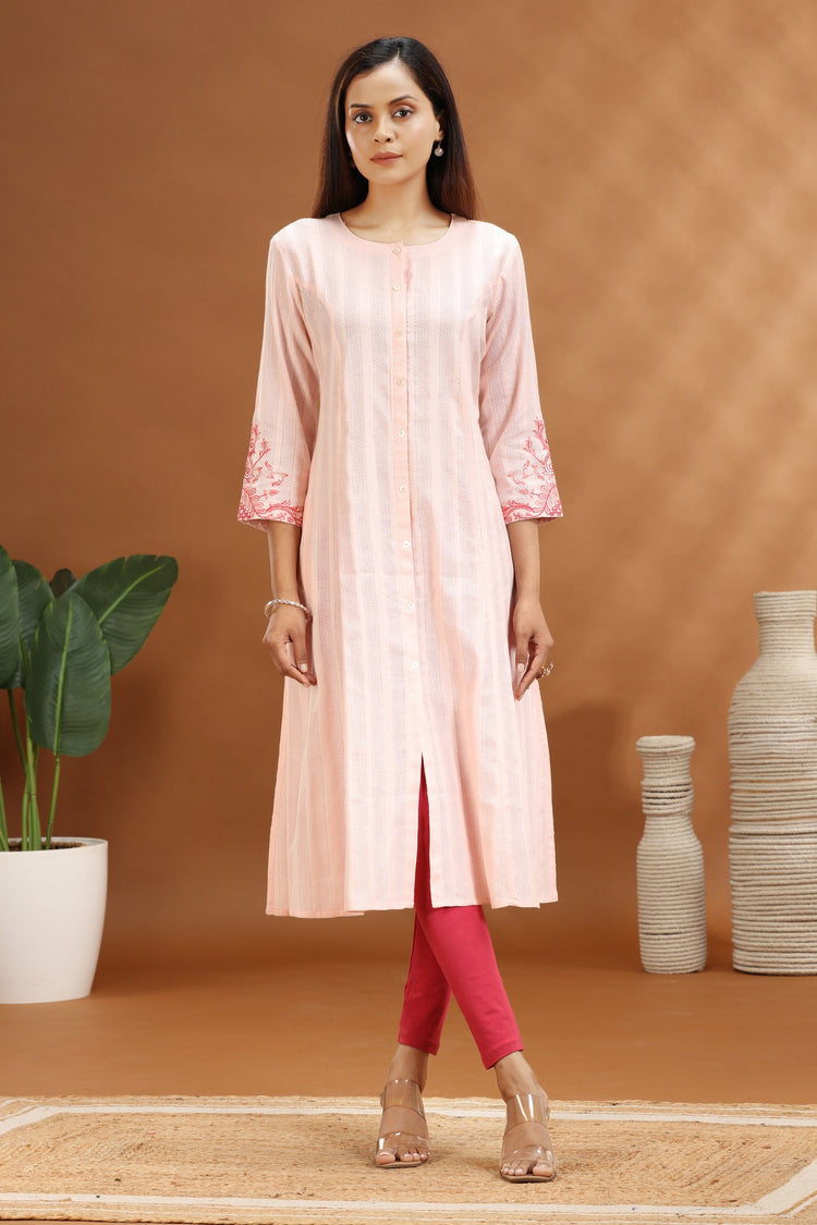 Baby Pink Cotton Embroidered A Line Kurta