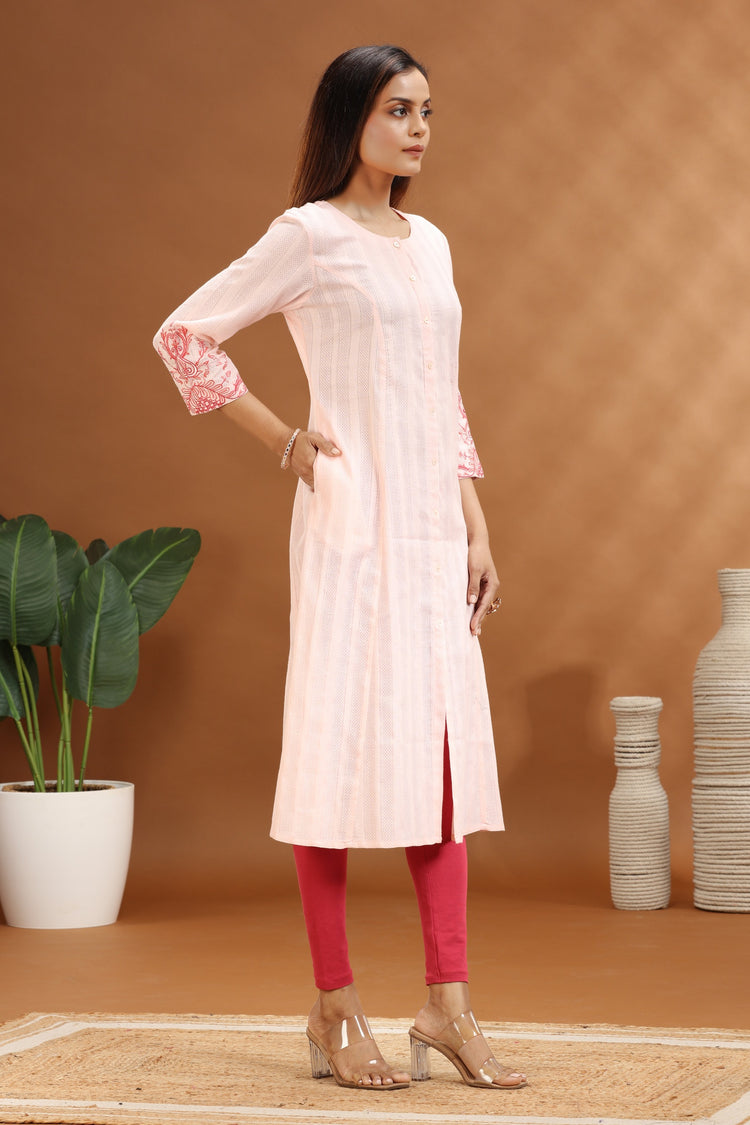 Baby Pink Cotton Embroidered A Line Kurta