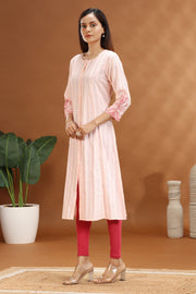 Baby Pink Cotton Embroidered A Line Kurta