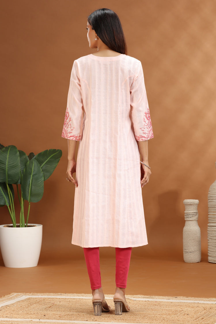 Baby Pink Cotton Embroidered A Line Kurta
