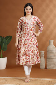 Off White & Pink Jaipuri Cotton A Line Embroidered Kurta for women / girl