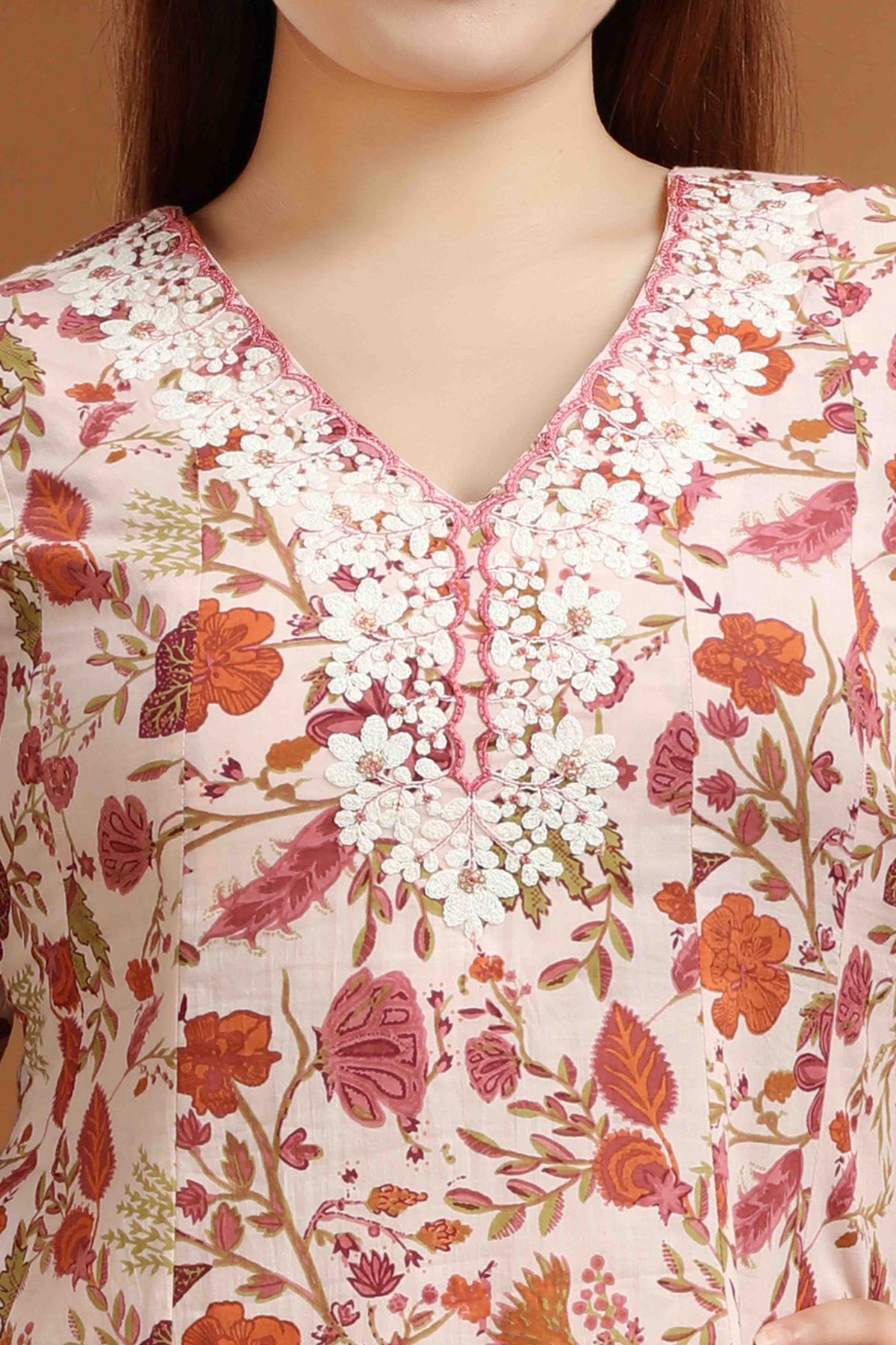 Off White & Pink Jaipuri Cotton A Line Embroidered Kurta for women / girl