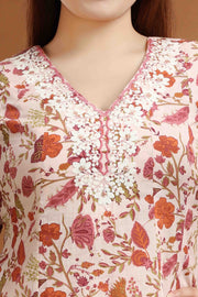 Off White & Pink Jaipuri Cotton A Line Embroidered Kurta for women / girl