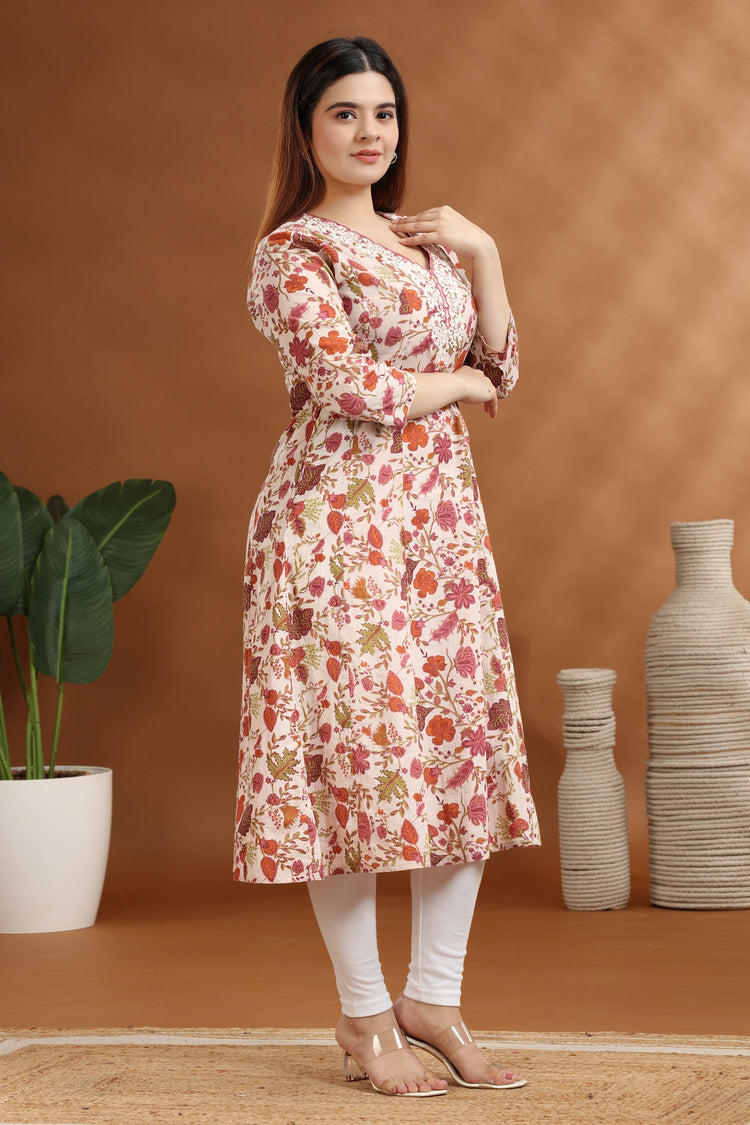 Off White & Pink Jaipuri Cotton A Line Embroidered Kurta for women / girl