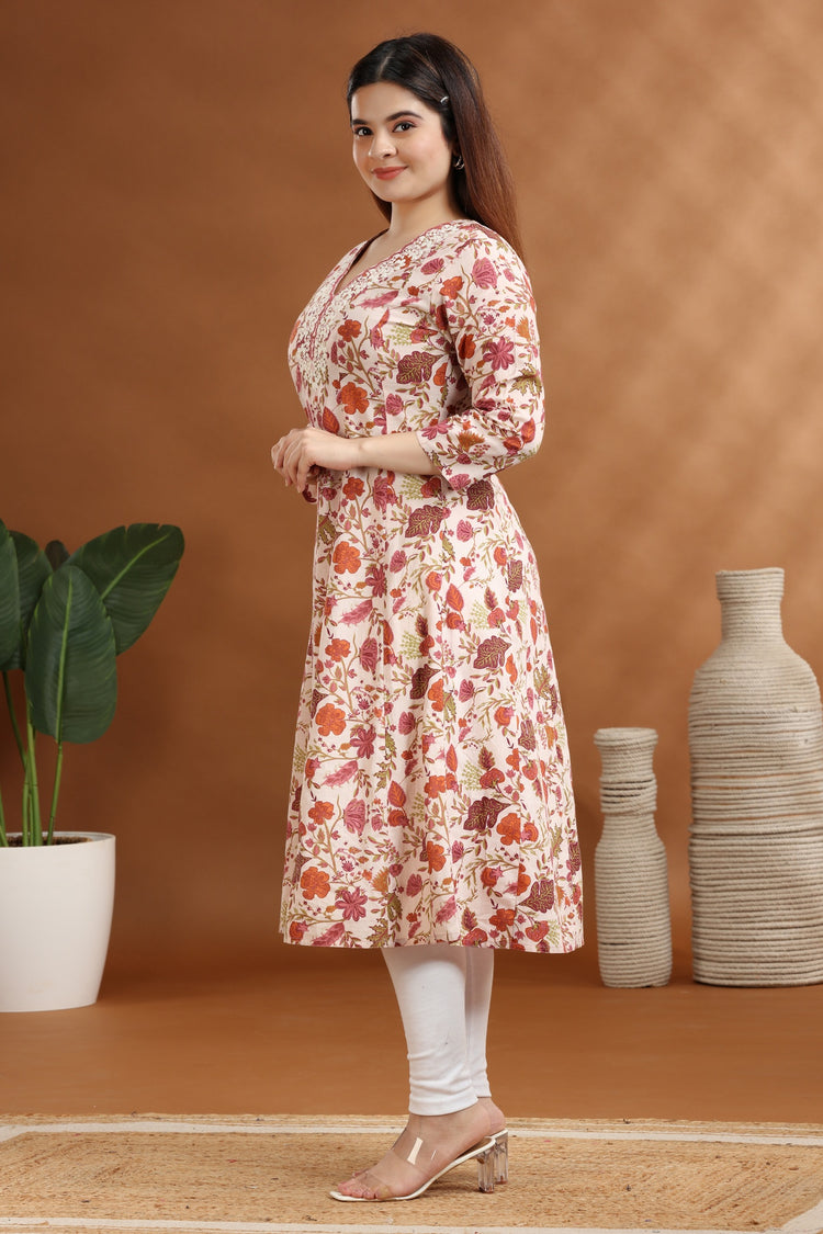 Off White & Pink Jaipuri Cotton A Line Embroidered Kurta for women / girl