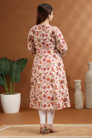 Off White & Pink Jaipuri Cotton A Line Embroidered Kurta for women / girl