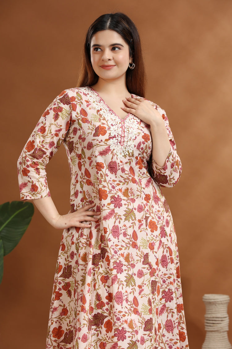 Off White & Pink Jaipuri Cotton A Line Embroidered Kurta for women / girl