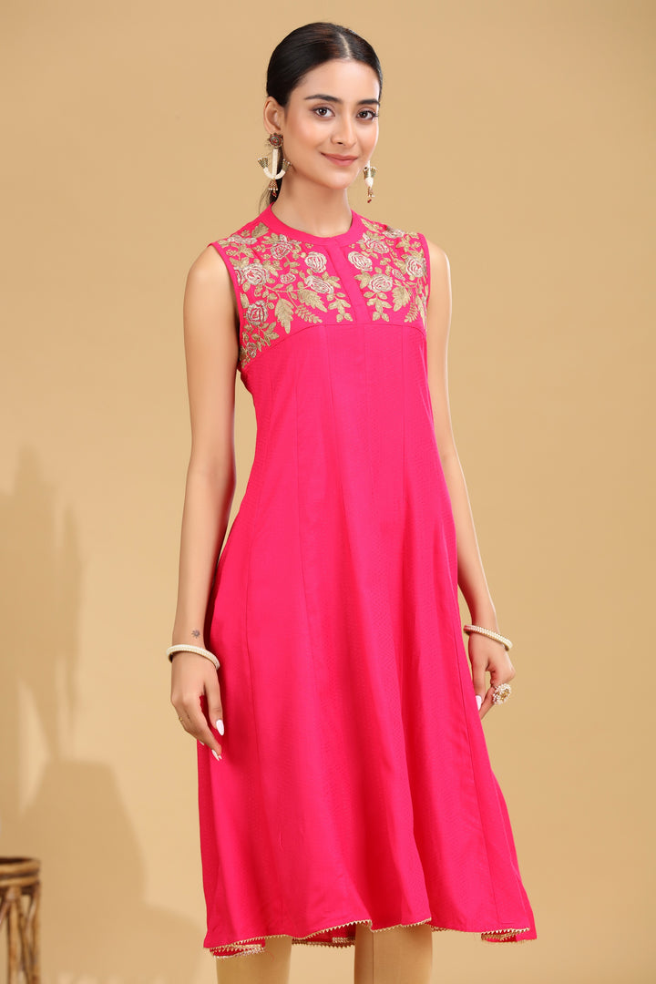Rani Pink Embroidered A-Line Dress