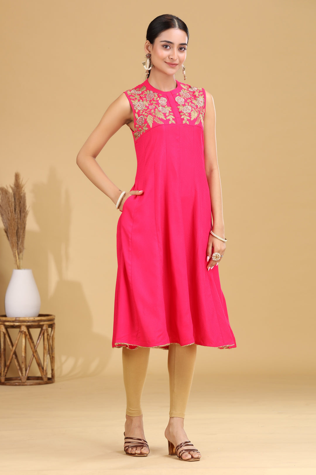 Rani Pink Embroidered A-Line Dress